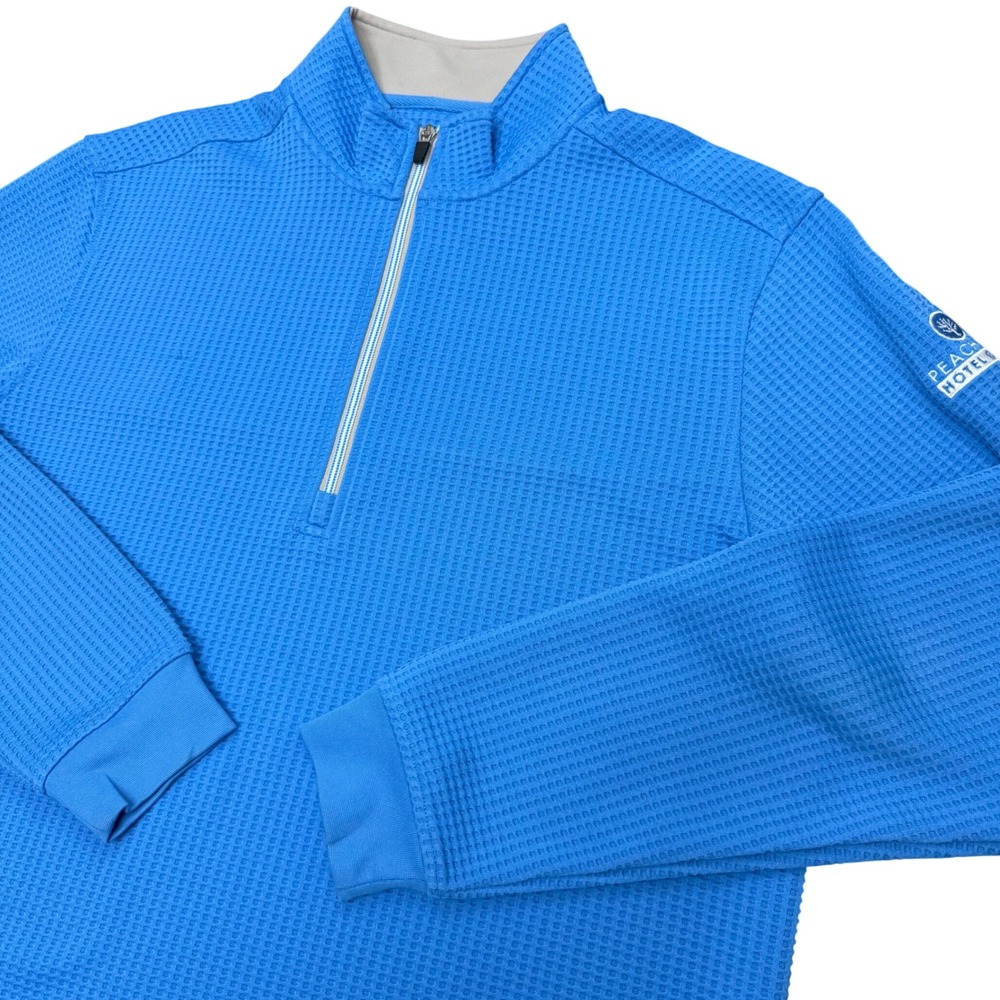Straight Down Quarter Zip Pullover Mens XL Blue Waffle Knit Peachtree Hotel Logo